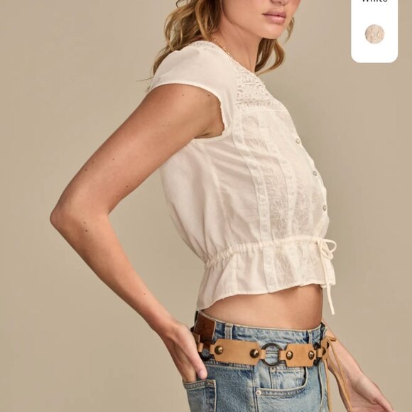 NWT! Lucky Brand Whisper White Lace Inset Blouse Sz L - Picture 3 of 5